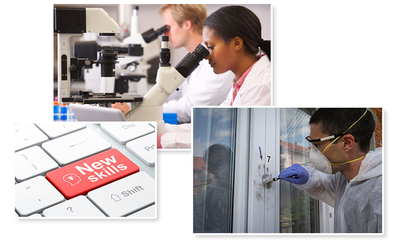 People looking in microscopes, Man dusting a door for fingerprints, Computer keyboard with key for New Skills